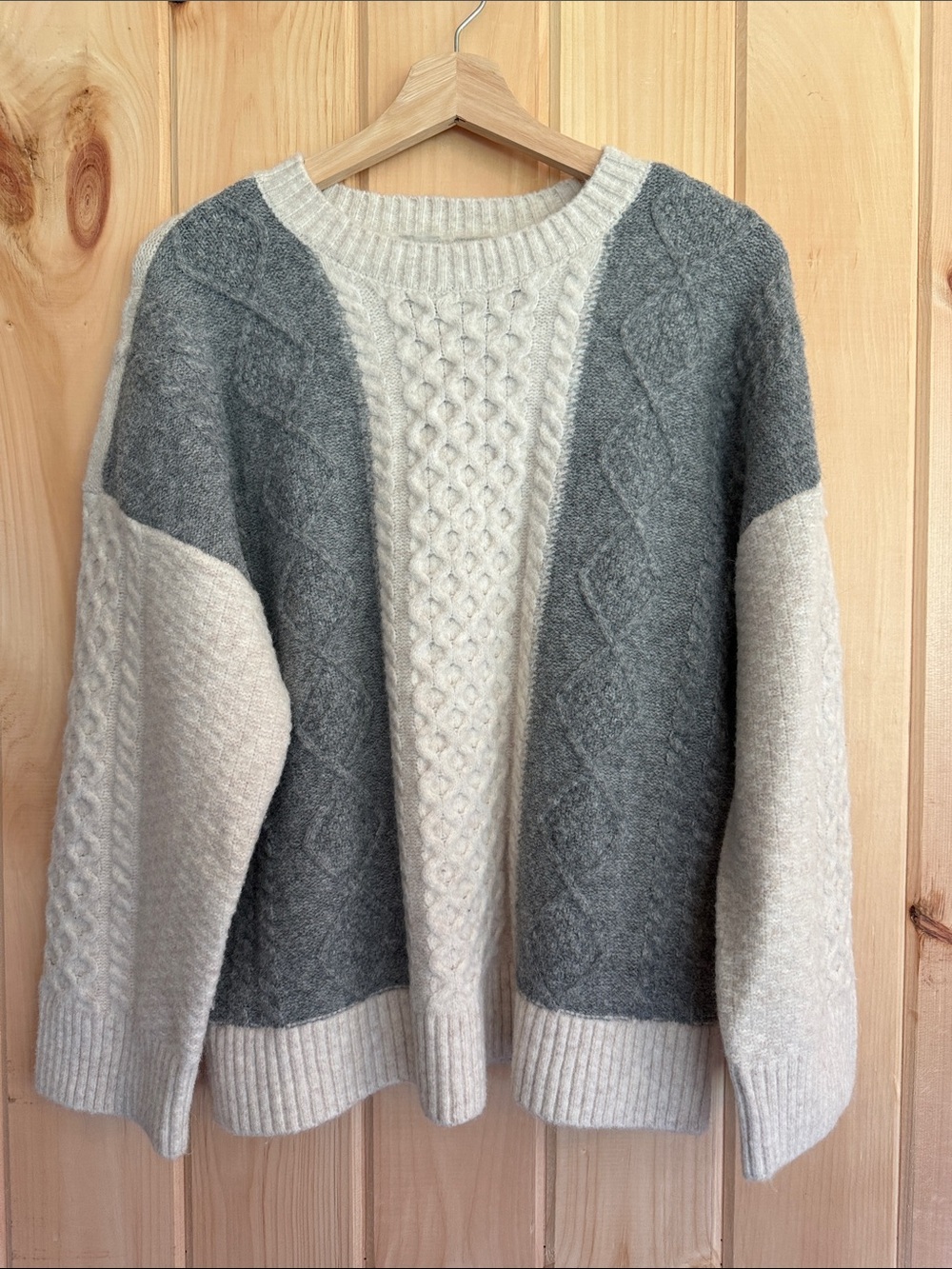 Joie Colorblock Cable Knit Sweater Grey Cream Relaxed Fit